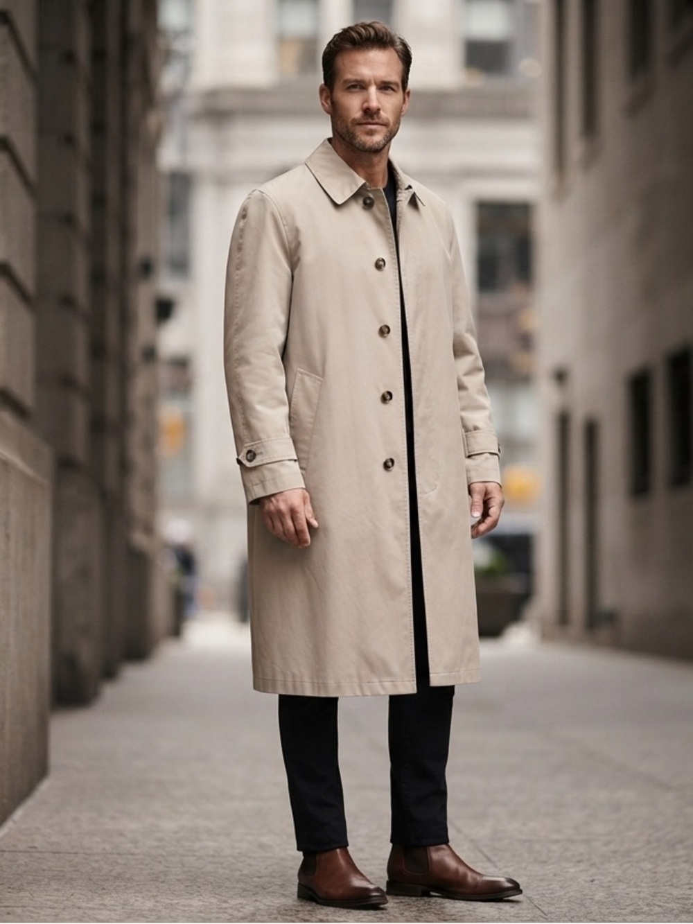 London Fog Men's Light Beige Single-Breasted Trench Coat, Size L